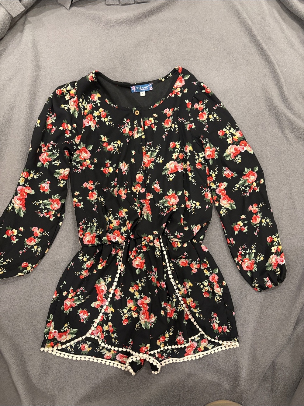Truly Me Black Floral Long-Sleeve One-Piece